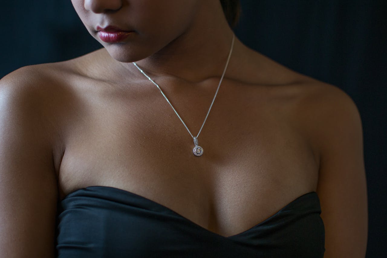 Close-up portrait of a woman wearing a diamond necklace and black dress, embodying elegance and style.