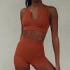 Brown U Neck Seamless Knitted Sexy Sports Short-sleeved Shorts Yoga Wear Fitness Suit