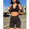 Brown U Neck Seamless Knitted Sexy Sports Short-sleeved Shorts Yoga Wear Fitness Suit - Image 3